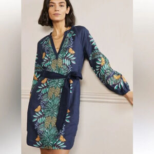 Boden Pineapple Bloom Linen Dress, Navy, 8 Long 🍍🌿